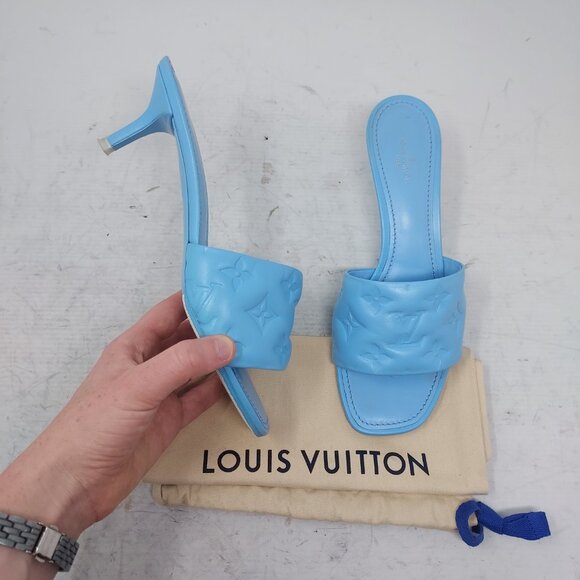 LOUIS VUITTON Monogram Blue Embossed Logo Revival Heel Sandal - Picture 1 of 10